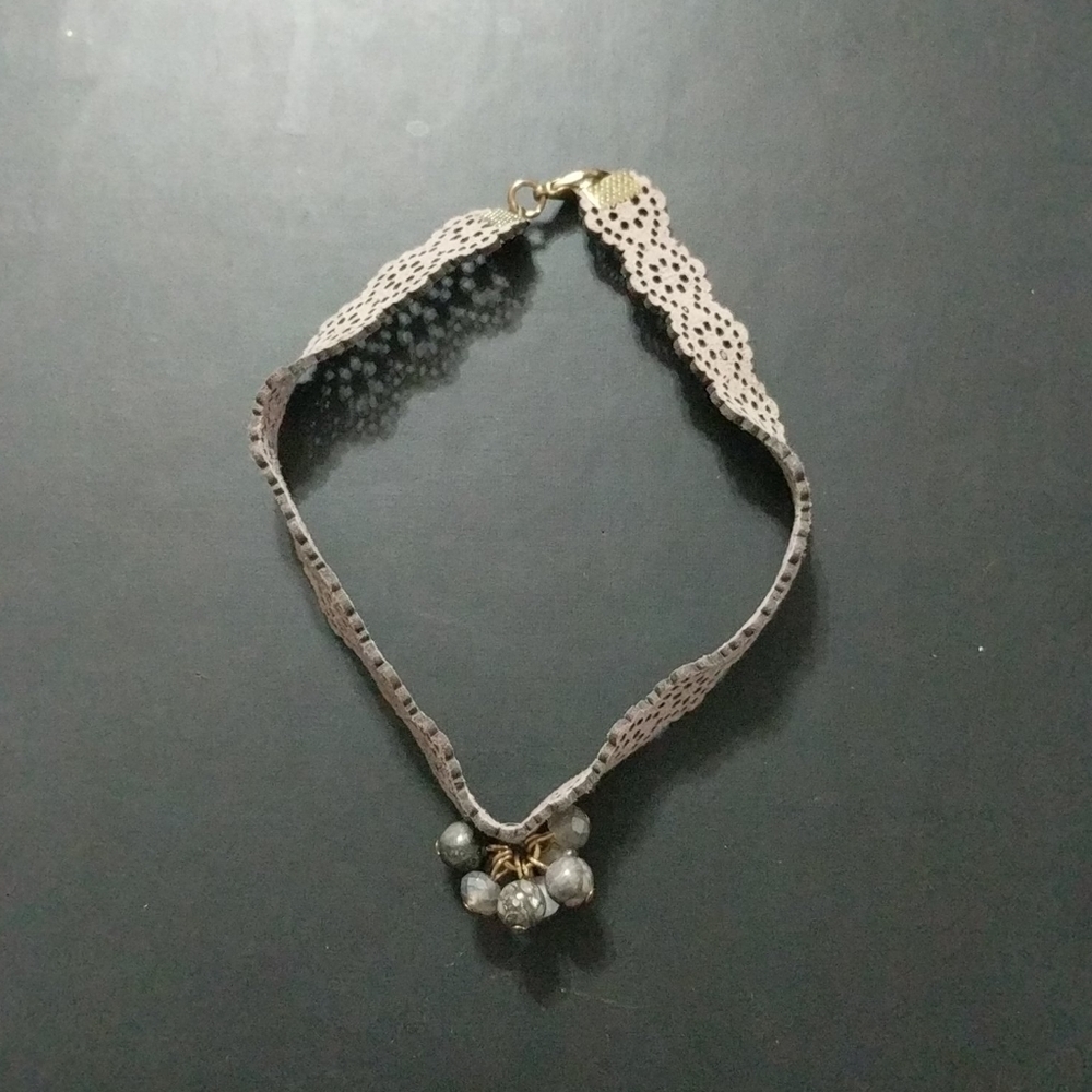Grey Leather Laser Cut Beaded Crystal Statement Necklace Choker